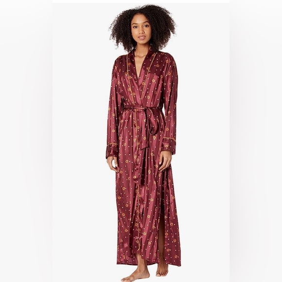 Free People Intimately Pajama Party Robe Wine Combo Long Silky Tie Sash - Picture 7 of 8